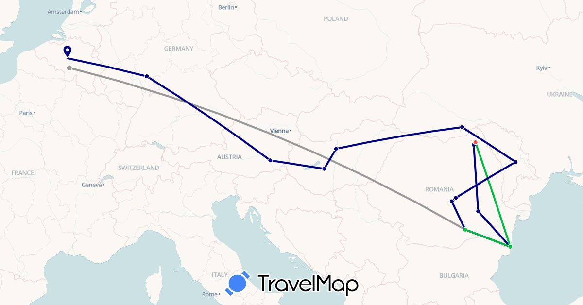 TravelMap itinerary: driving, bus, plane, hiking in Belgium, Germany, Hungary, Moldova, Romania, Ukraine (Europe)